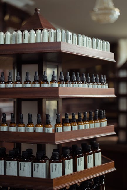A rustic wooden shelf displaying brown bottles with labels in an apothecary setting.