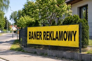 Żółty baner reklamowy zamocowany opaskami na ogrodzeniu panelowym przy ulicy
