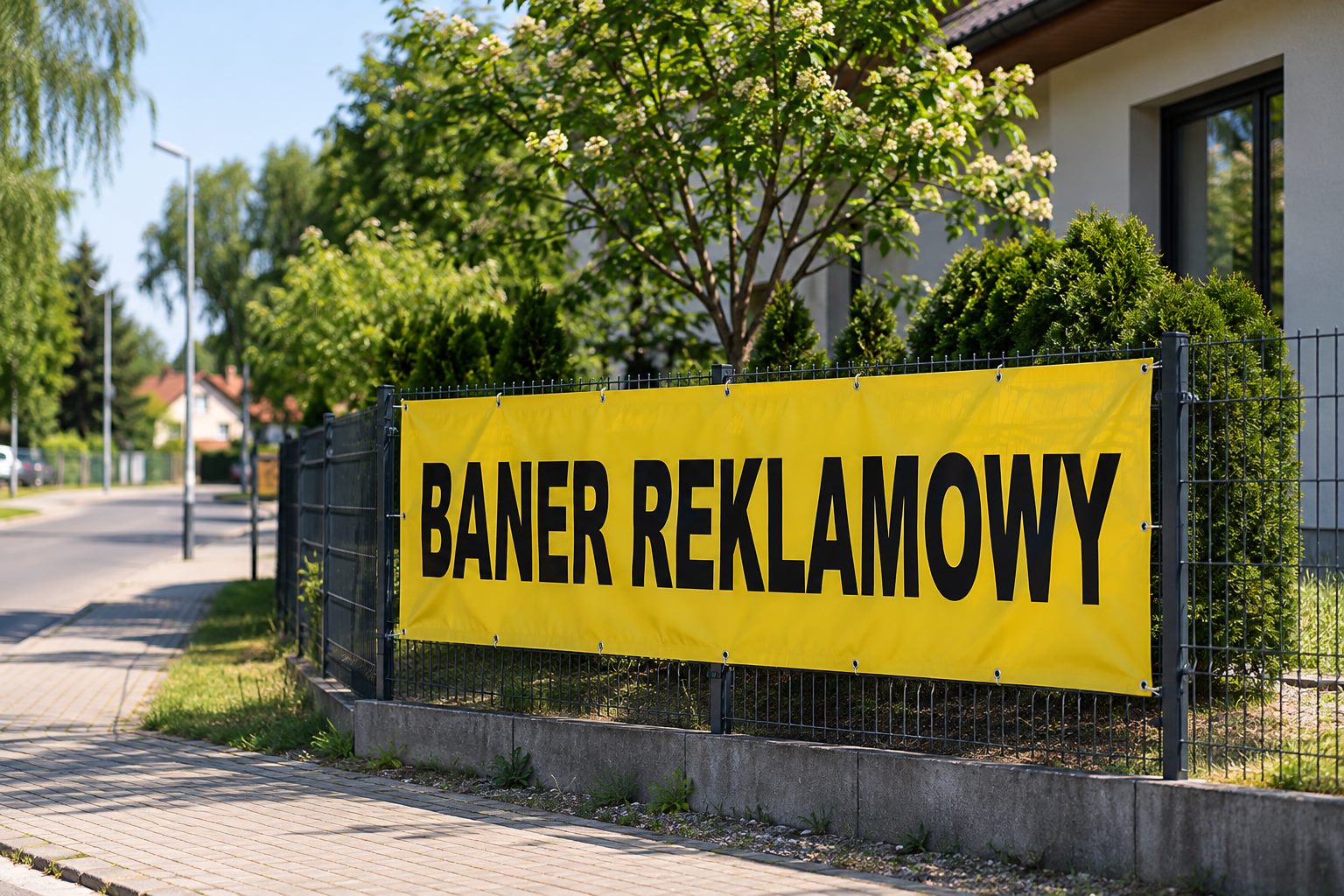 Żółty baner reklamowy zamocowany opaskami na ogrodzeniu panelowym przy ulicy