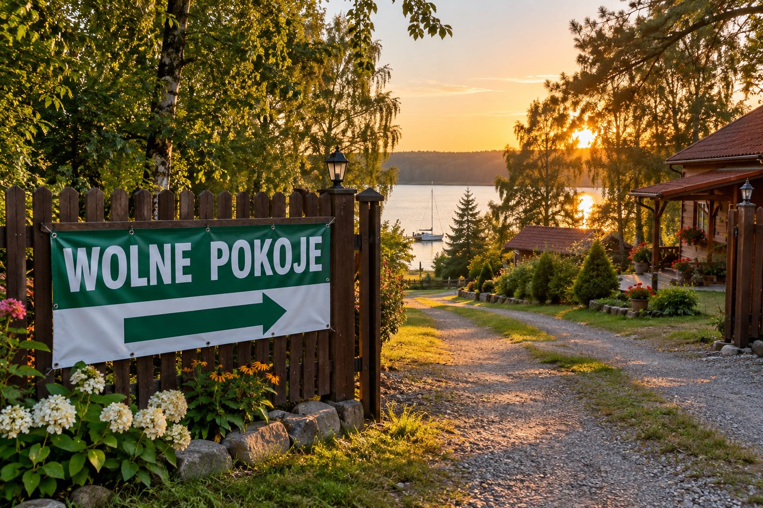 Baner WOLNE POKOJE ze strzałką na drewnianym płocie agroturystyki nad jeziorem