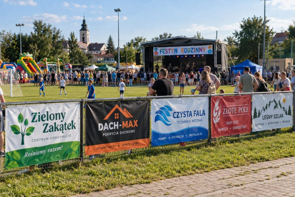 Banery sponsorów na ogrodzeniu boiska podczas festynu rodzinnego
