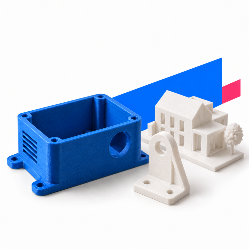 Elementy z drukarki 3D: obudowa, uchwyt i model domu