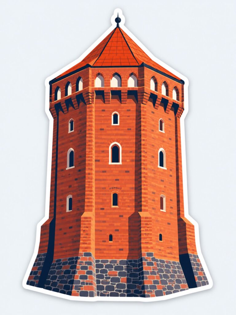 Ilustracja ośmiobocznej wieży zamku w Brodnicy w stylu naklejki wycinanej po obrysie