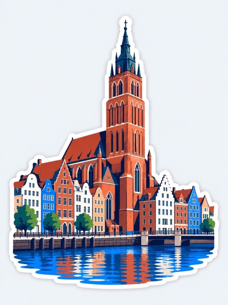 Ilustracja katedry św. Mikołaja i kamieniczek Starego Miasta w Elblągu w stylu naklejki