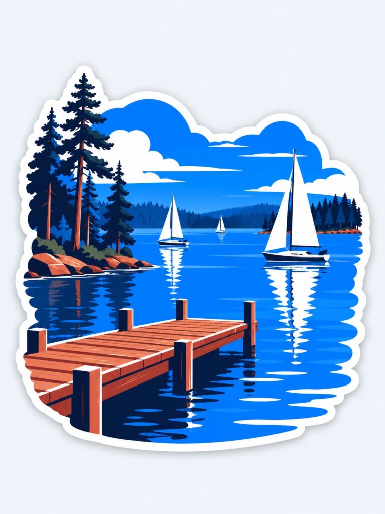 Ilustracja jeziora Jeziorak w Iławie z żaglówkami w stylu naklejki wycinanej po obrysie