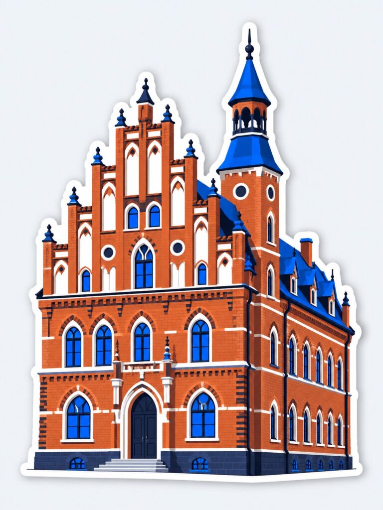 Ilustracja ceglanego ratusza w stylu naklejki wycinanej po obrysie – Morąg