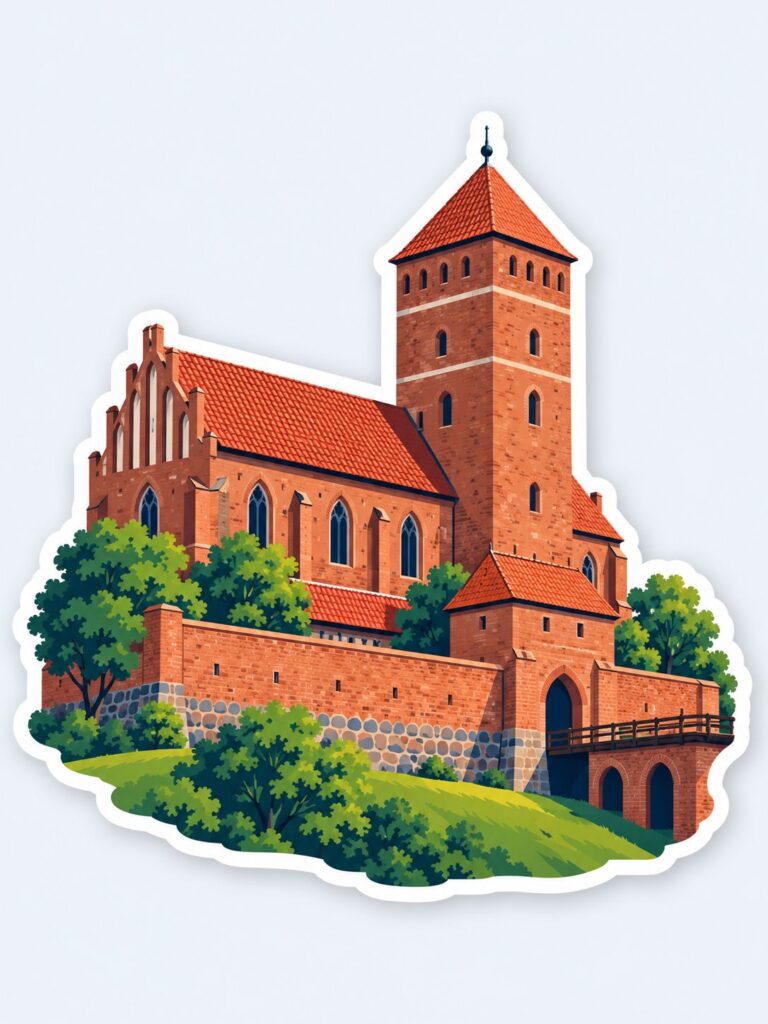 Ilustracja zamku w Olsztynie w stylu naklejki wycinanej po obrysie