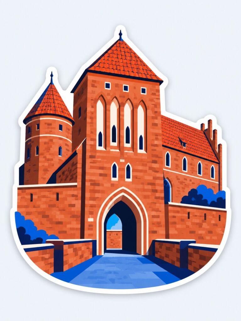 Ilustracja ceglanego zamku w Pasłęku w stylu naklejki wycinanej po obrysie