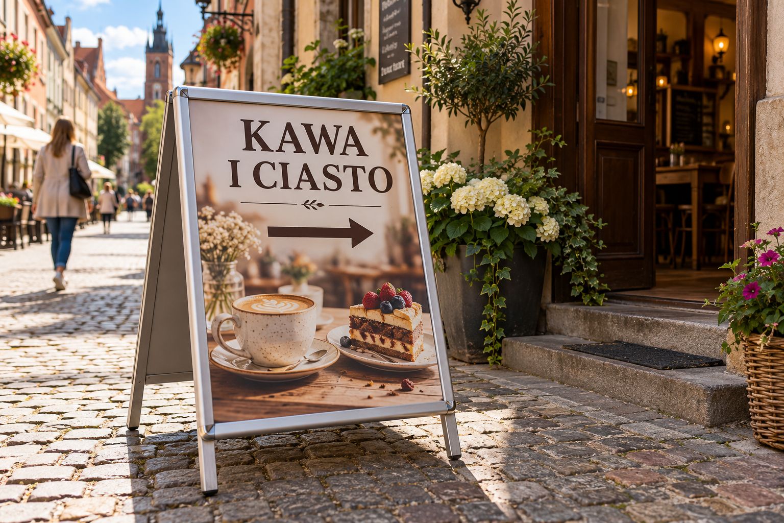 Potykacz reklamowy KAWA I CIASTO ze strzałką na brukowanym chodniku przed wejściem do kawiarni na starym mieście