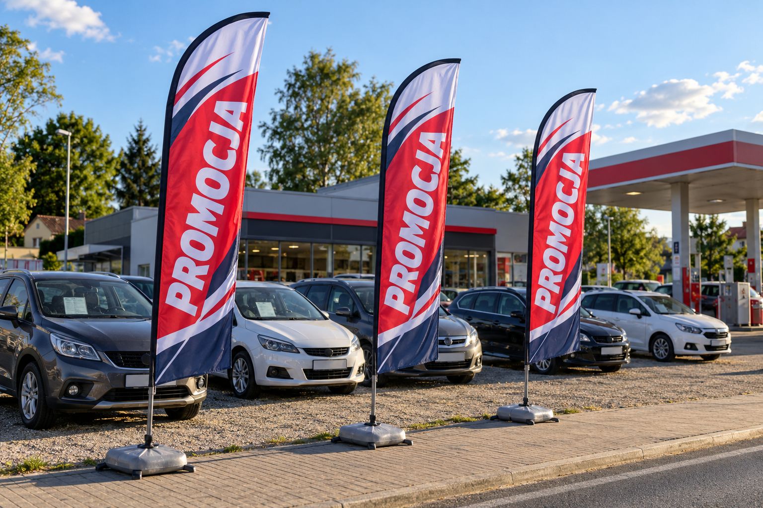 Trzy windery reklamowe PROMOCJA na podstawach przy chodniku przed komisem samochodowym